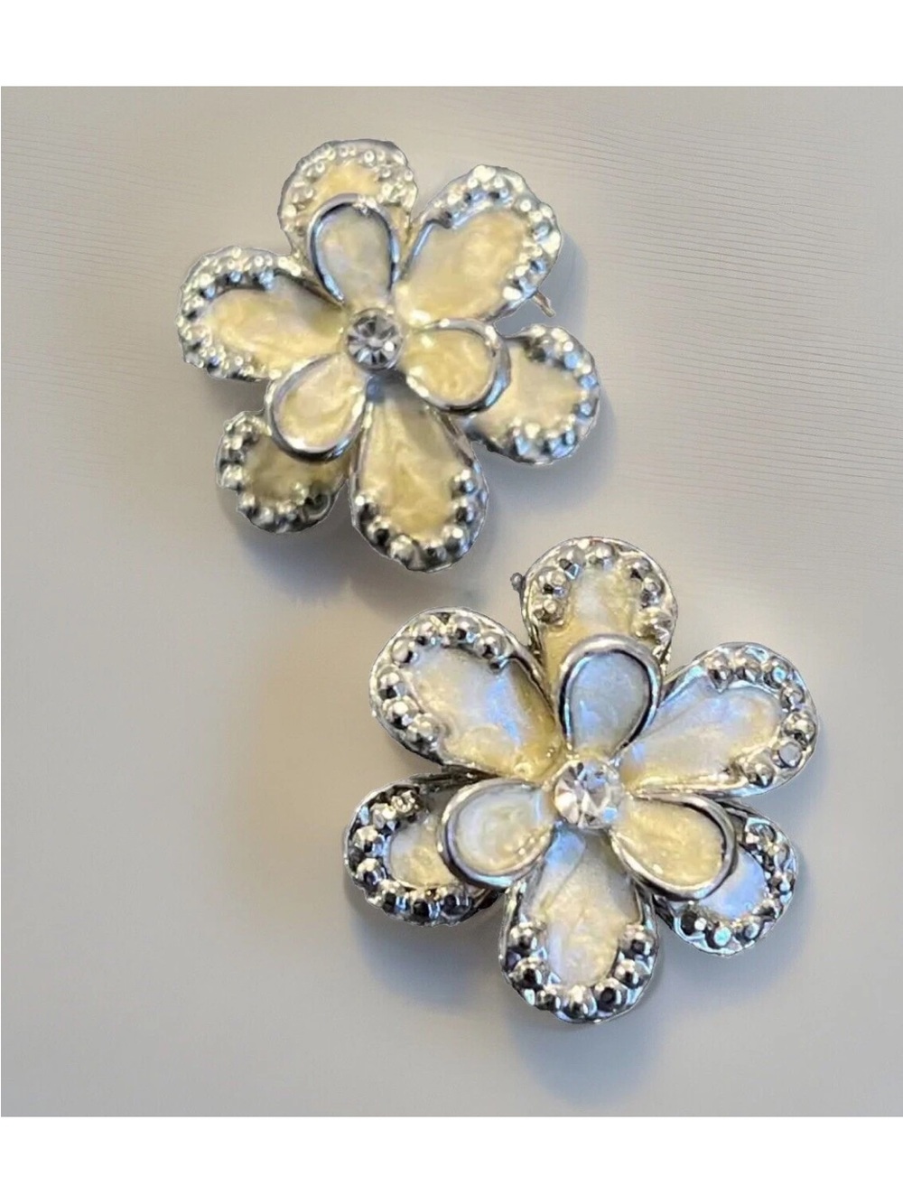 Silver and Pale Yellow Floral Earrings-Glossy Enamel